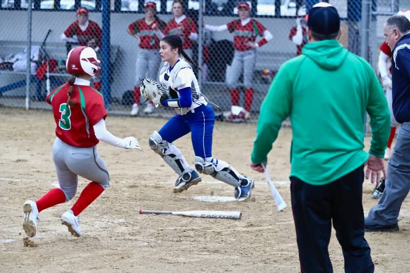 Princeton catcher Olivia Alter awaits the throw home as L-P's Avah Moriarty slides in safely Tuesday at Little SIberia Field in Princeton.