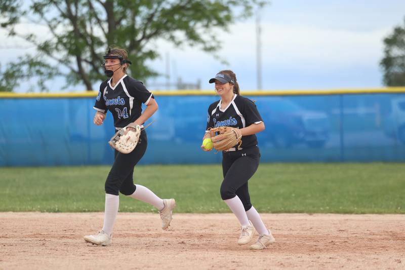 Clifton Central's Brynna Neveu, right, smiles after catching the game's final out during Central's 9-3 victory over St. Anne in the Class 1A Dwight Regional quarterfinal game at Central High School.
