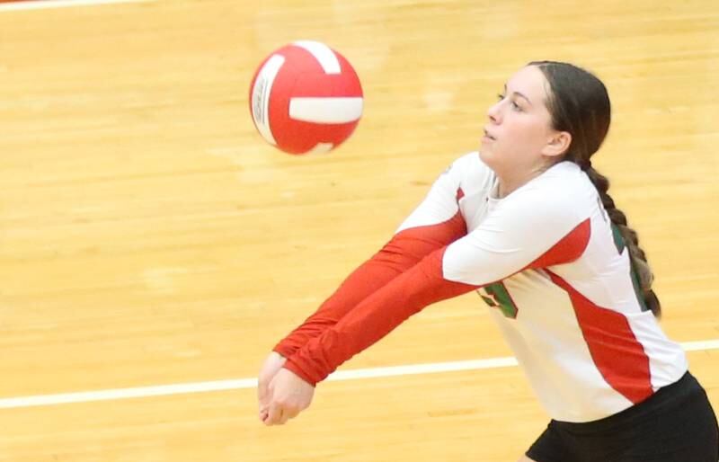 L-P's libero Marissa Sanchez returns a serve from Ottawa on Thursday, Sept. 21, 2023 at Kingman Gym.