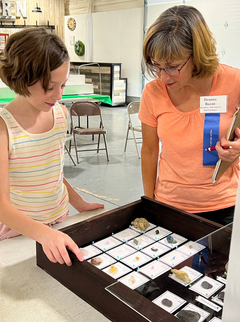 4-H volunteer Deanna Bazan listens as 4-H’er Adelle Vickey of Yorkville talks about her geology project.
