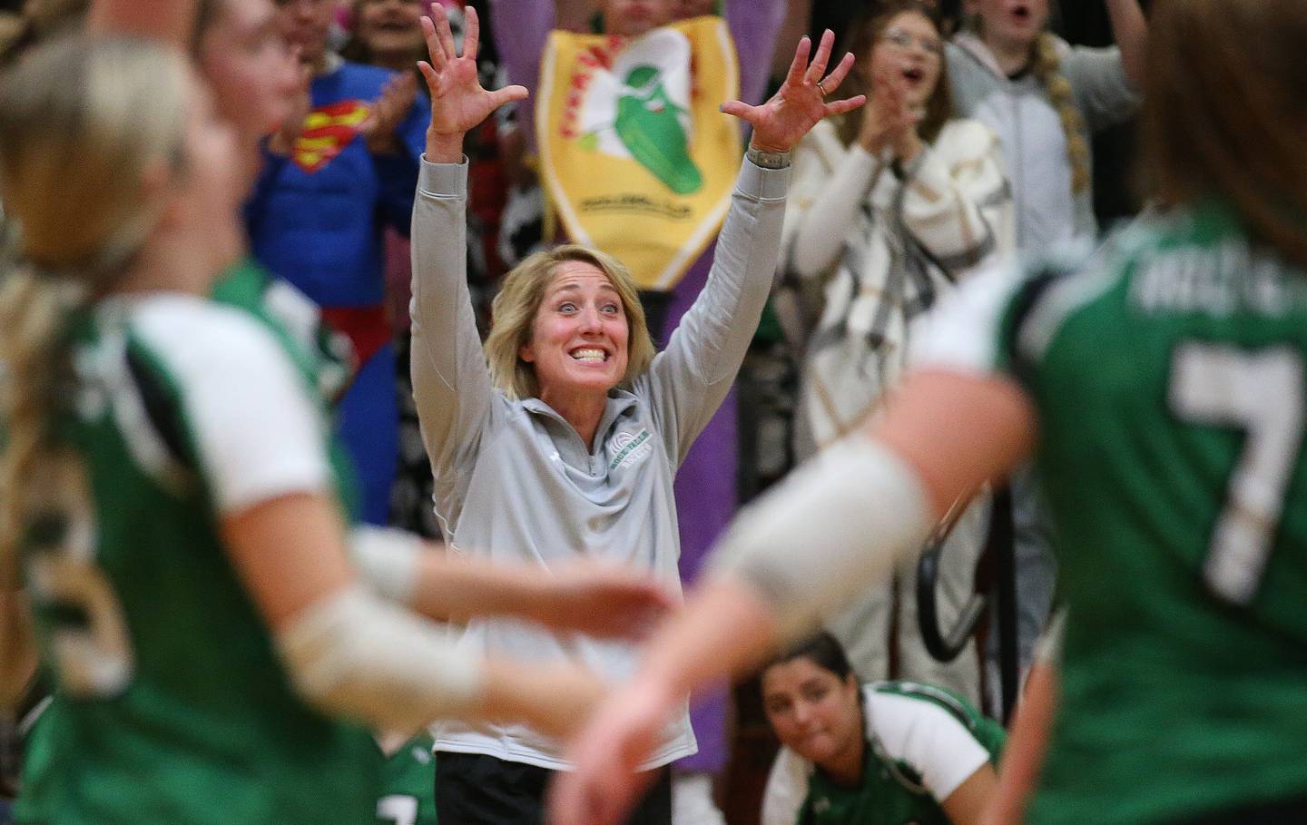 Rock Falls head volleyball coach Shelia Pillars reacts with her team after defeating Fieldcrest in the Class 2A Sectional semifinal game on Monday, Oct. 30, 2023 at Princeton High School.