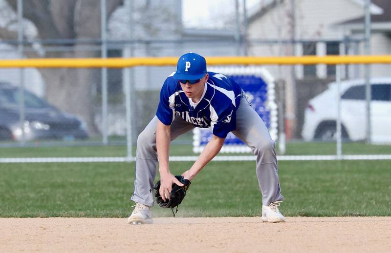 Princeton second baseman Will Lott makes a play in the Tigers' 6-2 win over Mendota on Monday at Prather Field.