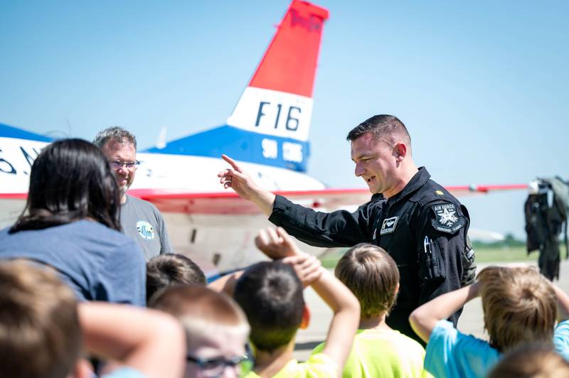 Local kindergarten students greet the F-16 Viper Demonstration Team at Peru Municipal Airport on Thursday, May 15 2025.