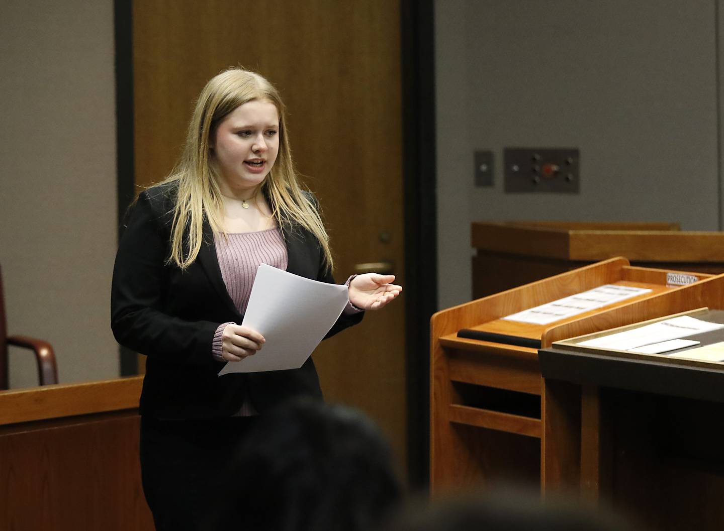 Huntley's Sydney Sullivan questions a witness during the 2025 McHenry County Mock Trial Open on Friday, Feb. 14, 2025, at the McHenry County Courthouse in Woodstock.