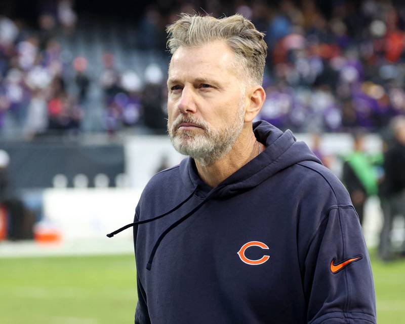 Chicago Bears Head coach Matt Eberflus walks off the field after their loss to the Minnesota Vikings Sunday, Nov. 24, 2024, at Soldier Field in Chicago.