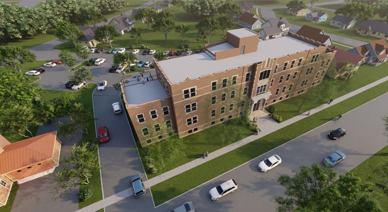 A DeKalb developer is proposing to renovate the long-vacant former St. Mary’s Hospital, a 100-year-old building on Fisk Avenue, into 32 one and two-bedroom apartments. Concept art for the plans is shown here (project concept plans provided by City of DeKalb on March 31, 2022 )