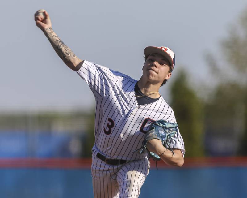 Oswego's Aiden Jaquez (3) throws a pitch during baseball game Oswego East at Oswego.  May 14, 2026 in Oswego.