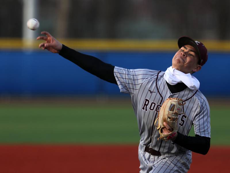 Richmond-Burton's Cooper Nagel throws a pitch during a Kishwaukee River Conference baseball game against Johnsburg on Monday, April 6,2026, at Johnsburg High School.