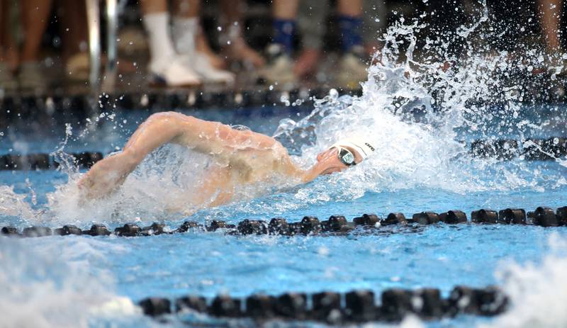 Lyons Township’s Matthew Ferguson competes in the 400-yard freestyle relay championship heat during the IHSA Boys State Championships on Saturday, March 1, 2025 at the FMC Natatorium in Westmont.