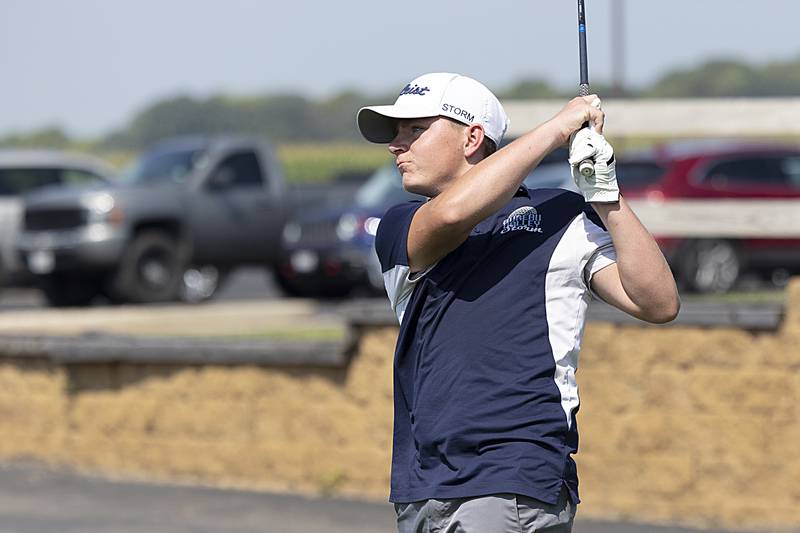 Bureau Valley’s Landon Smith tees off on #1 Saturday, Aug. 24, 2024, at Deer Valley.
