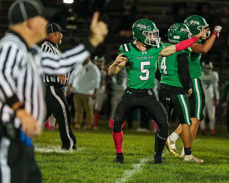 Avery Phillips (5) of Seneca celebrates turnover by pointing towards end zone on Friday, Oct. 10, 2025 at Seneca High School in Seneca.