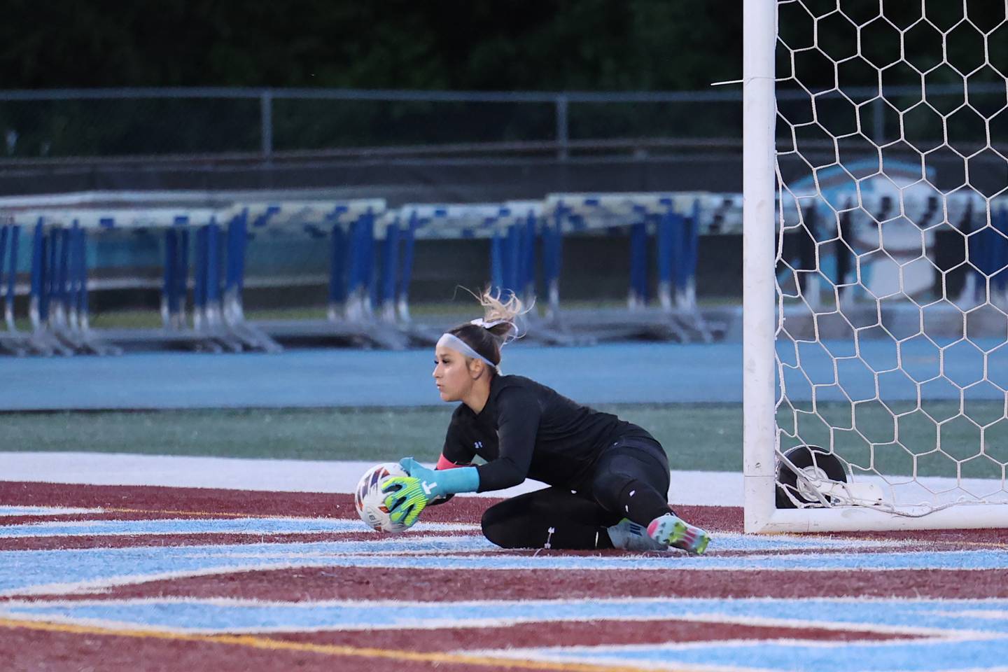 Kankakee's Ana Lopez makes a save during the Kays' 3-1 loss to Oak Forest in the IHSA Class 2A Kankakee Regional championship on Friday, May 23, 2025.