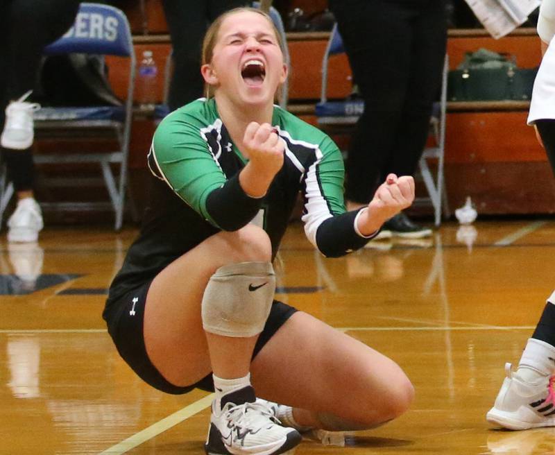 Rock Falls's Sophia Moeller reacts after scoring a point against Illinois Valley Central during the Class 2A Sectional final game on Wednesday, Nov. 1, 2023 at Princeton High School.