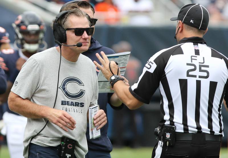 Chicago Bears Head Coach Matt Eberflus talks to an official during their game against the Buffalo Bills Saturday, Aug. 26, 2023, at Soldier Field in Chicago.