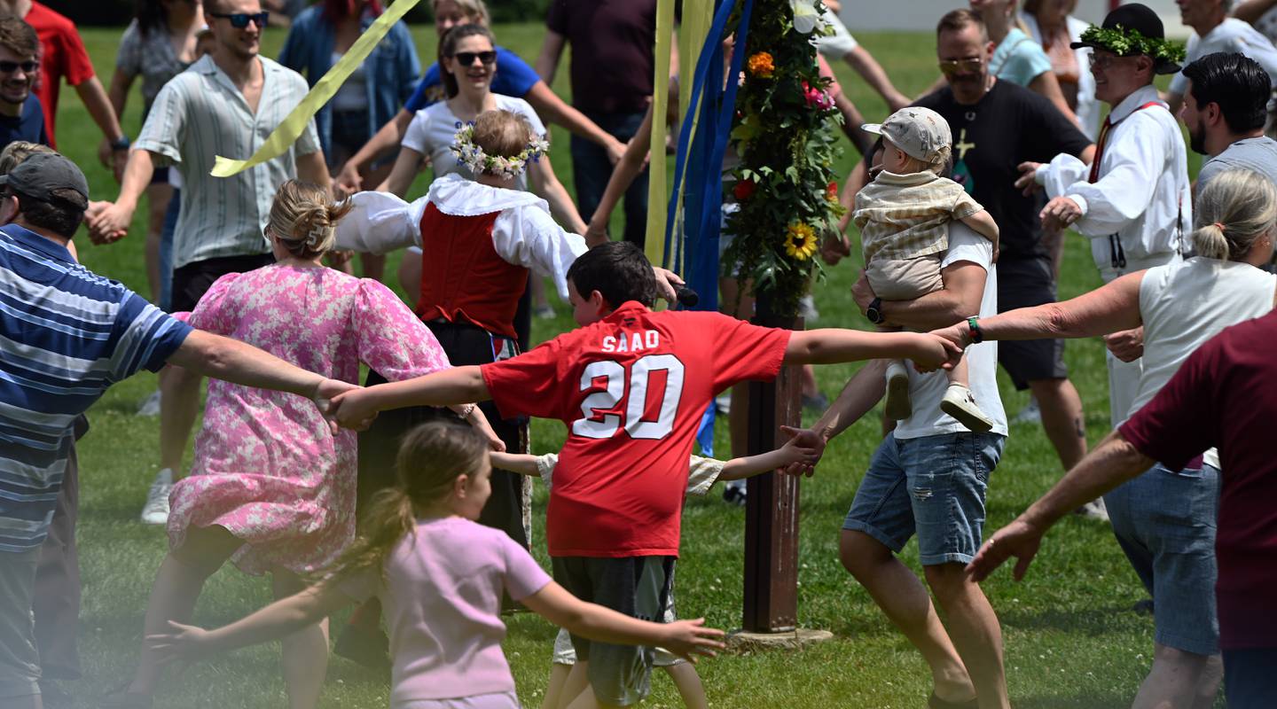 Dancing around the maypole at the 114th Father’s Day Swedish Midsummer Festival on June 15, 2025 at Good Templar Park in Geneva.