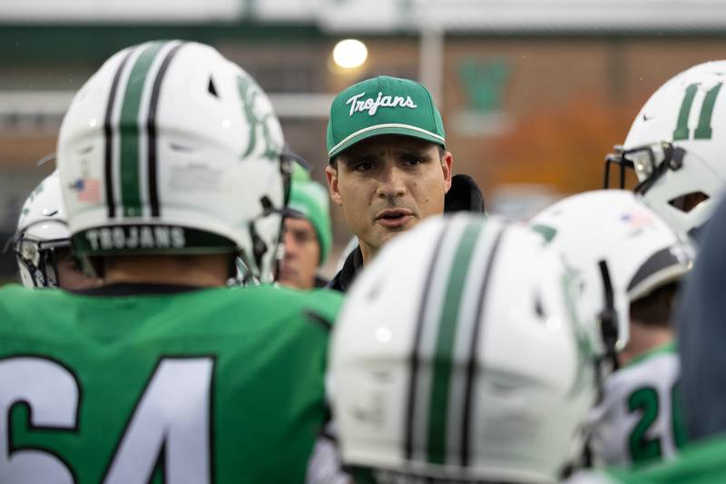 Dwight head coach Luke Standiford addresses his team prior to their game against Clifton Central's during Dwight's 43-14 victory over Clifton Central in second round playoffs on Saturday, Nov. 8, 2025.