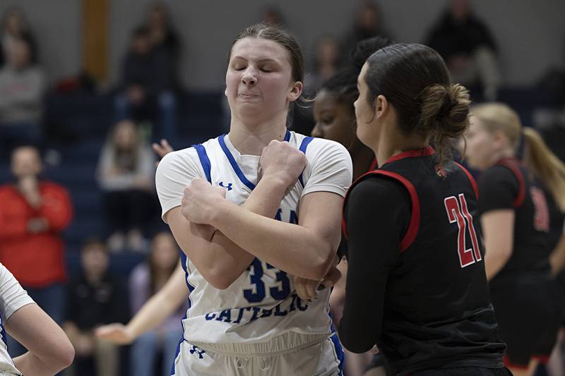 Newman’s Veronica Haley sets a pick against Stillman Valley’s Emma Withers Monday, Feb. 2, 2026.
