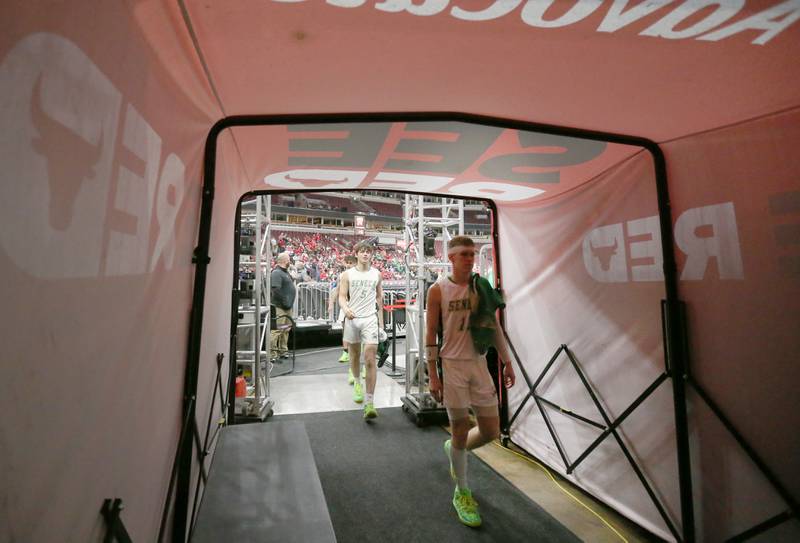 Seneca players Sam Kleich and Paxton Gierz walk in the Chicago Bulls tunnel during a game against Streator on Tuesday, Dec. 21, 2023 at the United Center in Chicago.