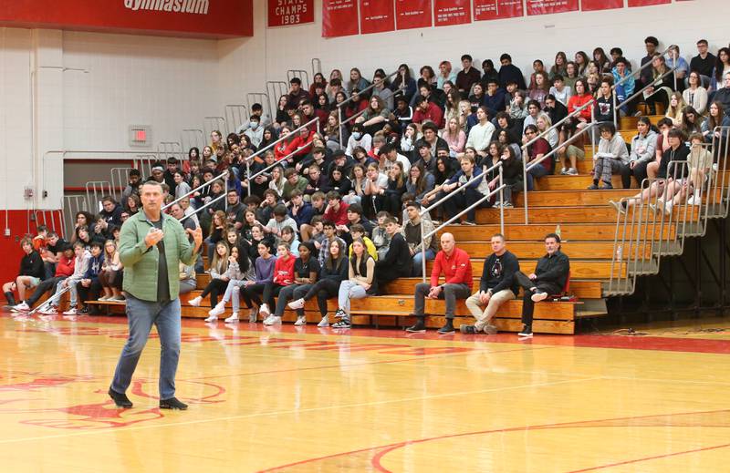 Former NBA player and motivational speaker Chris Herrin talks to Woodland and Streator students on Wednesday, March 1, 2023 at Streator High School. Herrin battled substance abuse during his time as a college basketball player, international leagues and in the NBA.