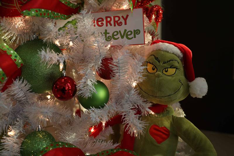 A Dr. Suess’ How the Grinch Stole Christmas themed tree sits on display inside the Village of Shorewood building at the Shorewood Holiday Market on Saturday, Dec. 7, 2024.