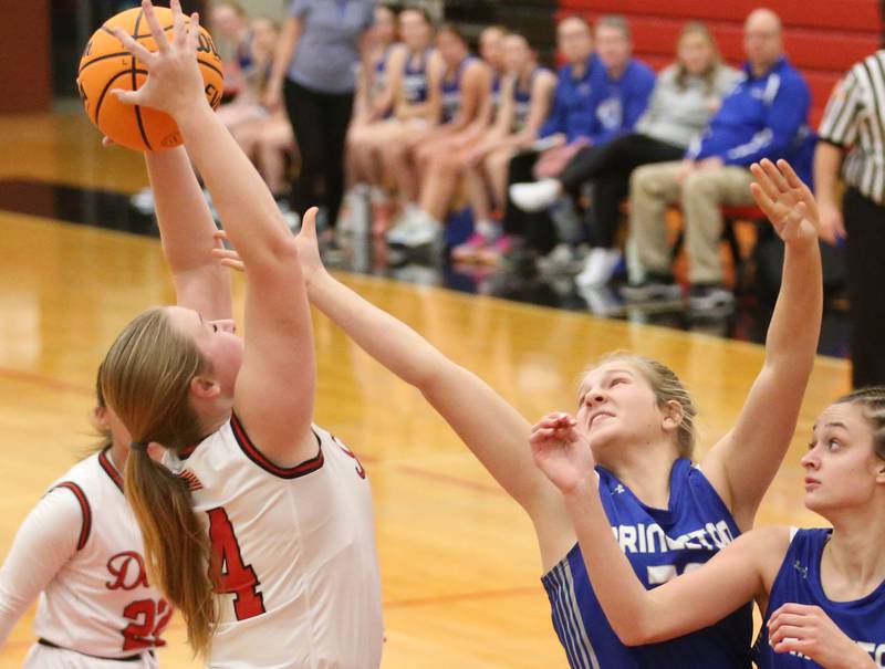 Hall's Ella Sterling grabs a rebound over Princeton's Reese Reviglio on Monday, Jan. 6, 2025 at Hall High School.