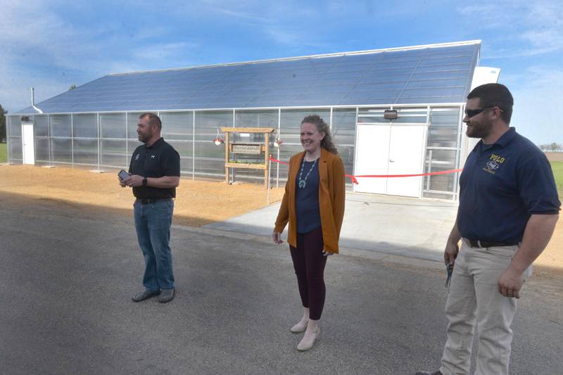 Steve Shaffer, president of the Polo FFA Alumni and Polo High School Agriculture Education teachers and FFA Advisors Stephanie Schultz and Alec Wetzell speak about Polo High School's new greenhouse at its official ribbon cutting  on Wednesday, May 1, 2024. The 42'x72' structure is located just to the east of the Ag shop at Polo High School.