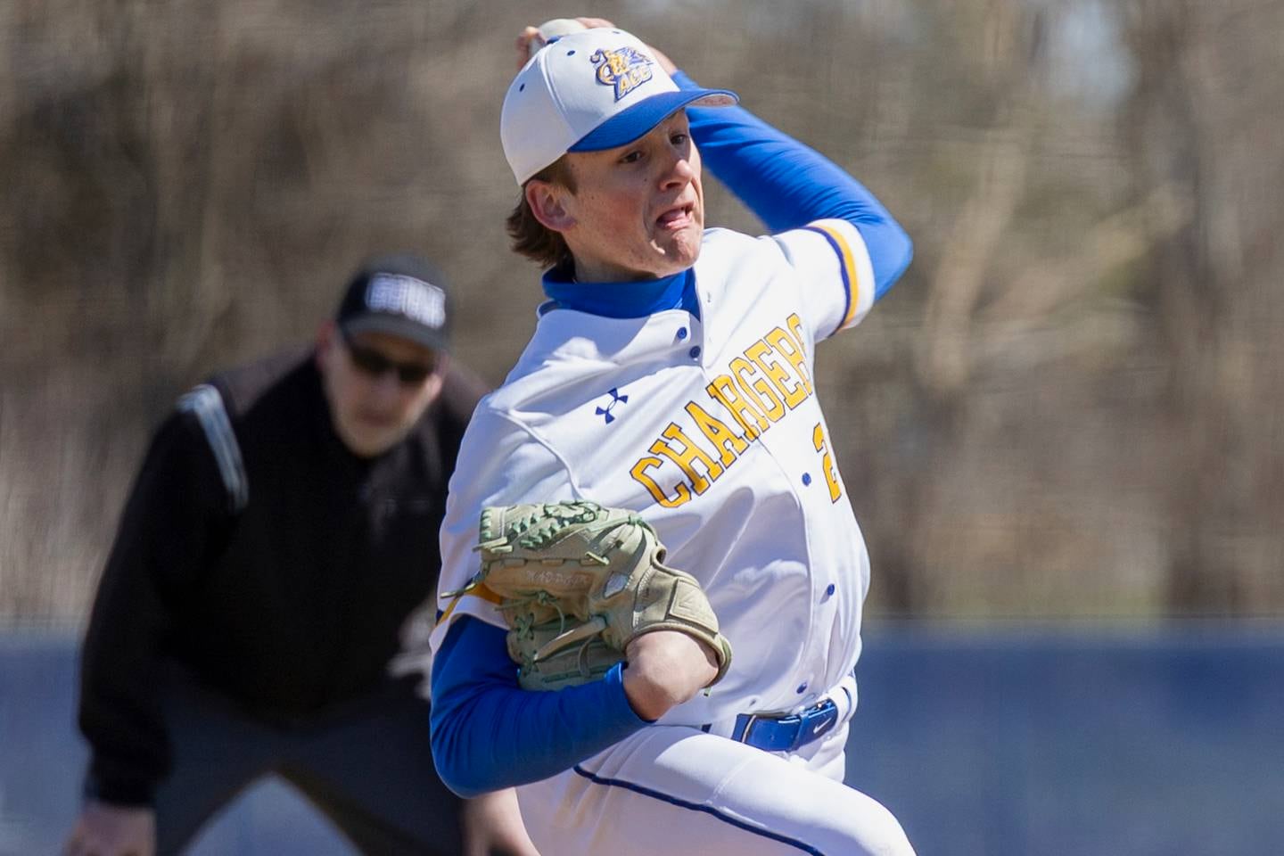Aurora Central Catholic's Tyler Davis delivers a pitch during Saturday's game with Plano in Aurora.