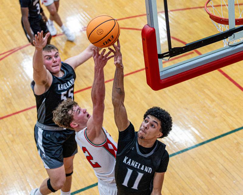 Regan Doerr (2) of LaSalle-Peru tries to lay up ball as Kaneland's Evan Frieders (11) blocks shot on Friday, Feb. 20, 2026 in Sellett Gymnasium at L-P High School.