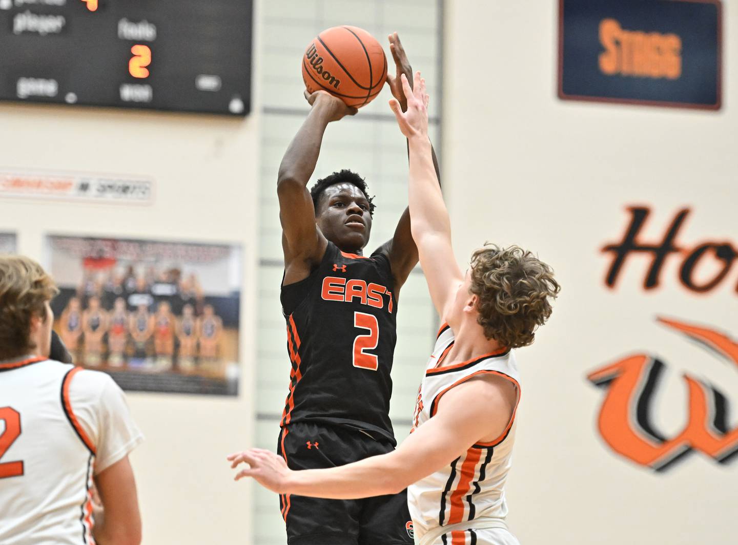 Plainfield East's Ehi Ogbomo (2) pulls up for a jump shot during a non-conference game against Lincoln-Way West on Friday, Dec. 22, 2023, at New Lenox. (Dean Reid for Shaw Local News Network)