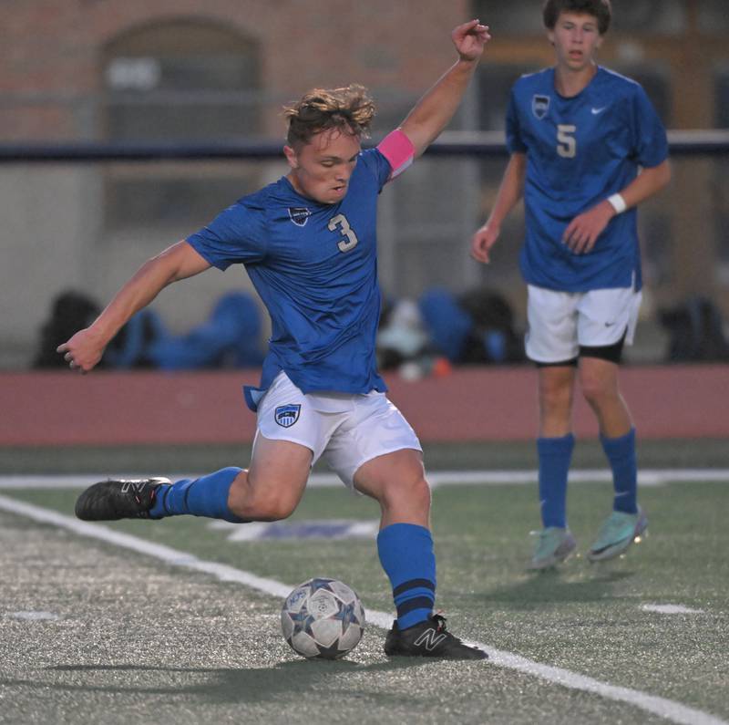 St. Charles North’s Casey Kriz takes a shot against West Chicago in a boys soccer game in St. Charles on Wednesday, Sept. 4, 2024.