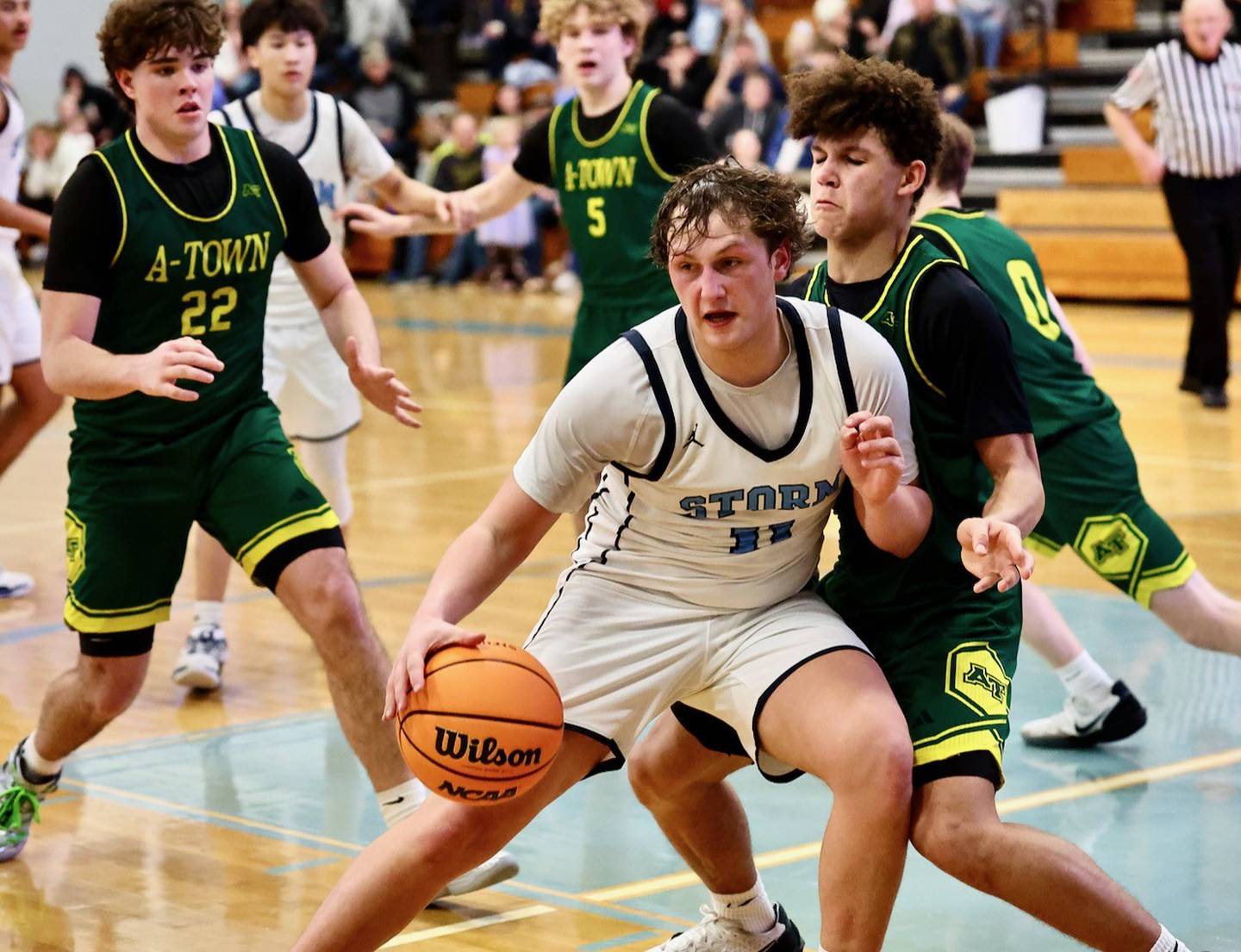 Bureau Valley's Blake Foster makes his move against Abingdon-Avon's Tre Kenon for the game-tying basket Friday night at the Storm Cellar. A-Town won 47-45.