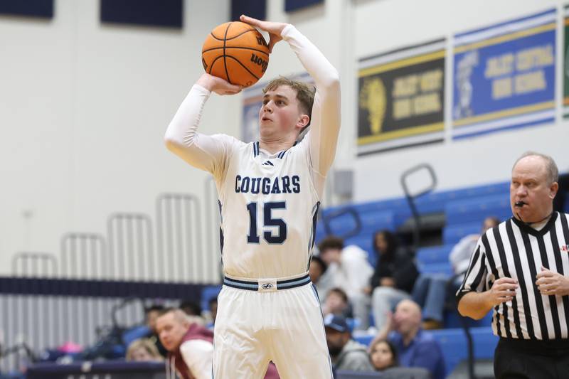 Plainfield South’s Brayden Ablin puts up the three-point shot against Morris on Wednesday, Jan. 28, 2026 in Plainfield.