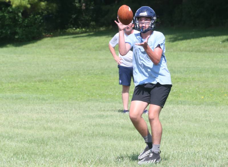 Bureau Valley's Blake Foster, catches a pass during training camp on Thursday, July 24, 2025 in Manilus.