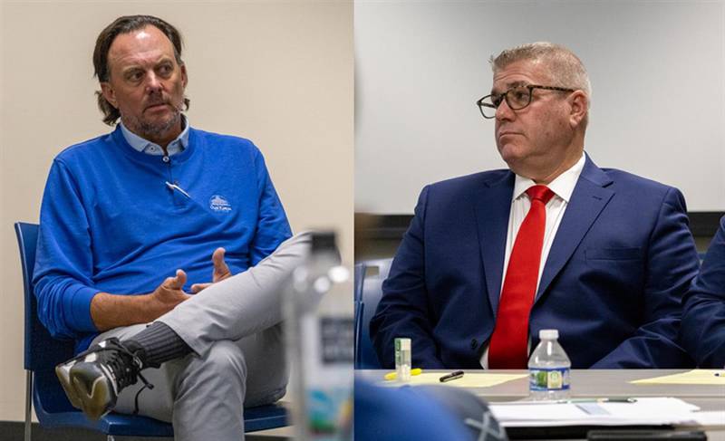 Former GOP governor candidate Darren Bailey (right) and conservative political operative Dan Proft are pictured during an April hearing before the Illinois State Board of Elections. A hearing officer has recommended the board dismiss a complaint that the pair illegally colluded in the 2022 election.