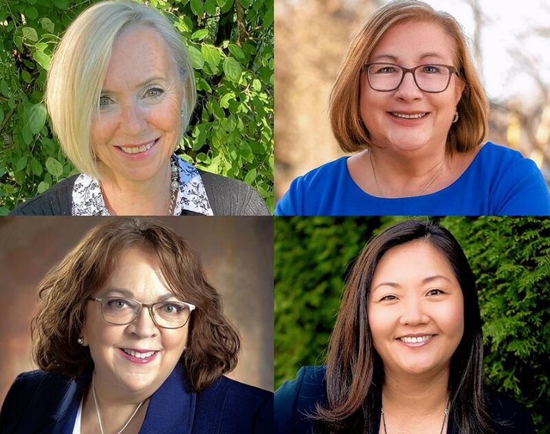From top left, Liz Chaplin and Paula Deacon Garcia and, from bottom left, Maryann Vazquez and Yeena Yoo are Democratic candidates for the District 2 seat on the DuPage County Board in the June primary.