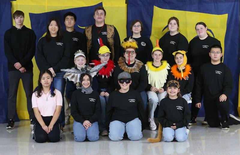 Members of the cast of "Once Upon A Time" pose for a photo on Tuesday, Nov. 12, 2024 at Marquette Grade School. Adapted for the stage by Paul Sills, “Story Theater” is a collection of stories written from the stories in the collection of the Grimm Brothers and Aesop’s Fables. The featured stories are “The Bremen Town Musicians,” “Henny Penny,” “Venus the Cat,” “Fisherman & His Wife,”  “Two Crows” and “The Golden Goose.” Once Upon A Time will be performed at Marquette Grade School on Sunday Nov. 17, 2024 at 2p.m. The parking lot door in the alley will be open at 1:30p.m. Tickets are $5 for adults, $4 for children and Seniors. Tickets will only be sold at the door. The production is directed by Jane Mills.