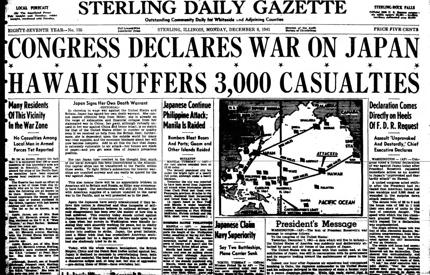 The top half of page 1 of the Dec. 8, 1941, Sterling Daily Gazette.