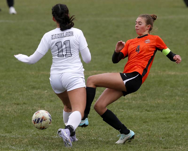 Crystal Lake Central's Hadley Ferrero kicks the ball away from Kaneland's Corinne Faivre during a nonconference soccer game on Thursday, April 10, 2025, at Crystal Lake Central High School.
