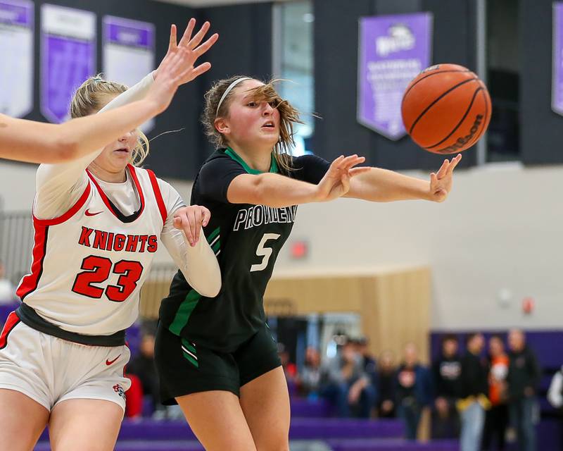Providence's Sydney Spencer (5) passes in the WJOL Tournament Championship game. Nov 18, 2023.