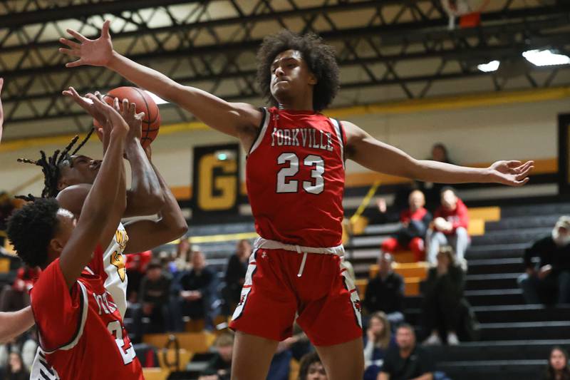 Yorkville’s Jory Boley goes for the block against Joliet West on Friday, Jan. 5th, 2024. in Joliet.