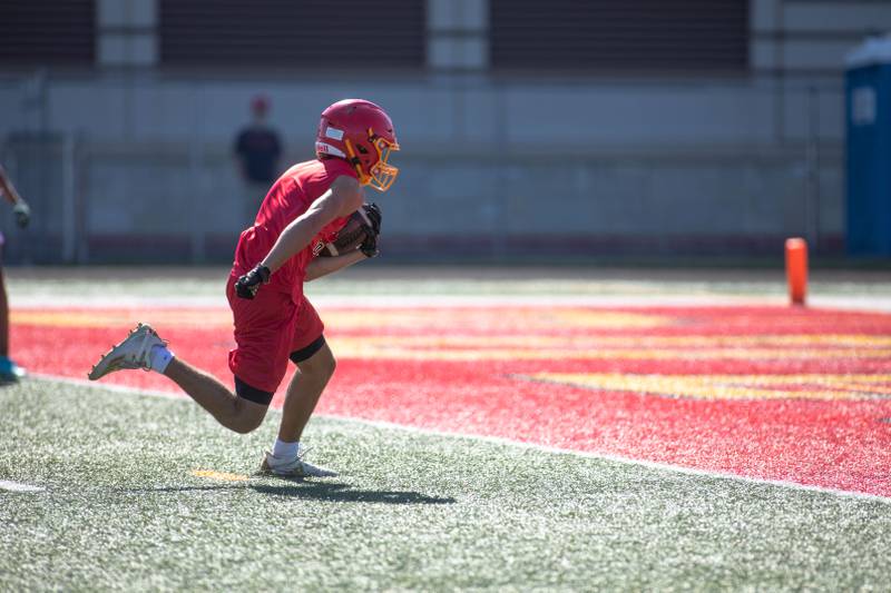 Luke Alwin runs towards the endzone at Batavia High School's 7 on 7 tournament on Thursday, July 14, 2022.