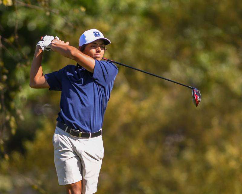 Oswego's Declan Chavez tees off on Monday Oct. 7, 2024, during the 3A sectional match held at Blackberry Oaks Golf Course in Bristol.
