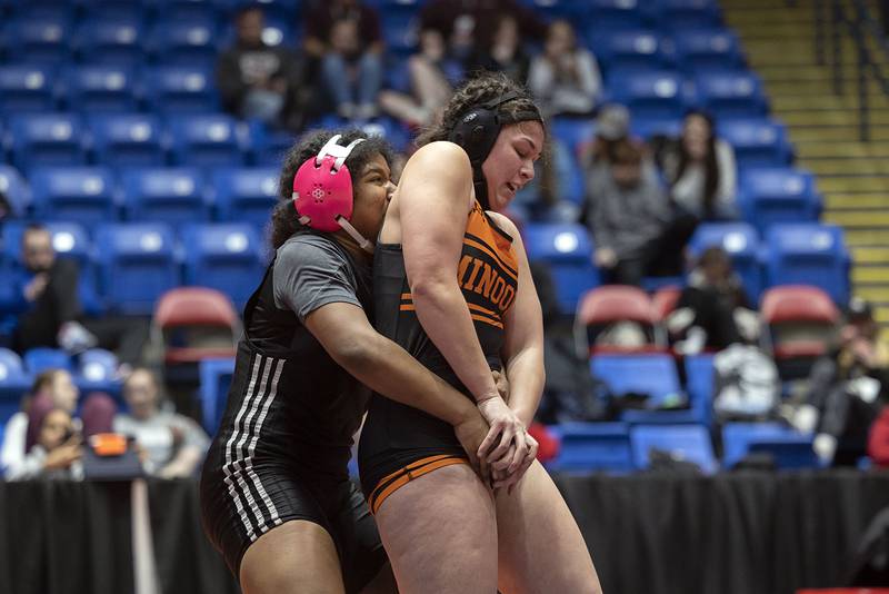 Jasmine Rene of Wheeling hold on to Jaiden Moody of Minooka in the 190 pound third place match at the IHSA girls state wrestling championship Saturday, Feb. 25, 2023.