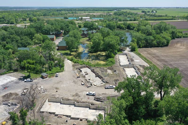 An aerial view of the site where a major fire broke out one-year later at Grand Bear Resort at Starved Rock on Friday, May 28, 2023 . Foundations have been poured and crews are beginning to rebuild after the fire.