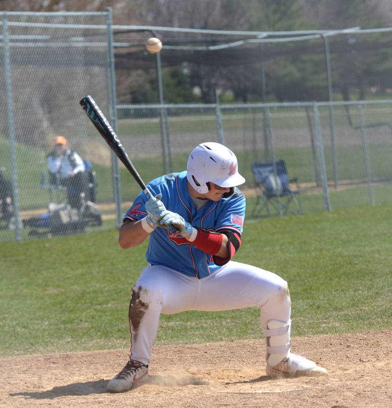 Oregon's Kade Girton ducks under a pitch during a game with Rockford Christian on Saturday, April 12, 2025 at Oregon High School.