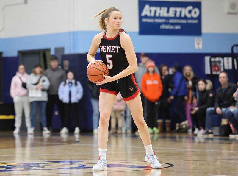 Benet's Lenee Beaumont (5) looks to pass the ball during the girls varsity basketball game between Benet and Nazareth academies on Wednesday, Jan. 3, 2023 in La Grange Park, IL.
