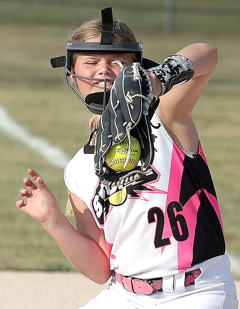 Kishwaukee Valley Storm 10u player Roselyn Johnson catches a line drive Wednesday, June 21, 2023, during a scrimmage game against the Poplar Grove Power at the Sycamore Community Sports Complex. The Kishwaukee Valley Storm is hosting the Storm Dayz tournament this weekend which draws about 70 teams and runs Friday through Sunday in Sycamore.