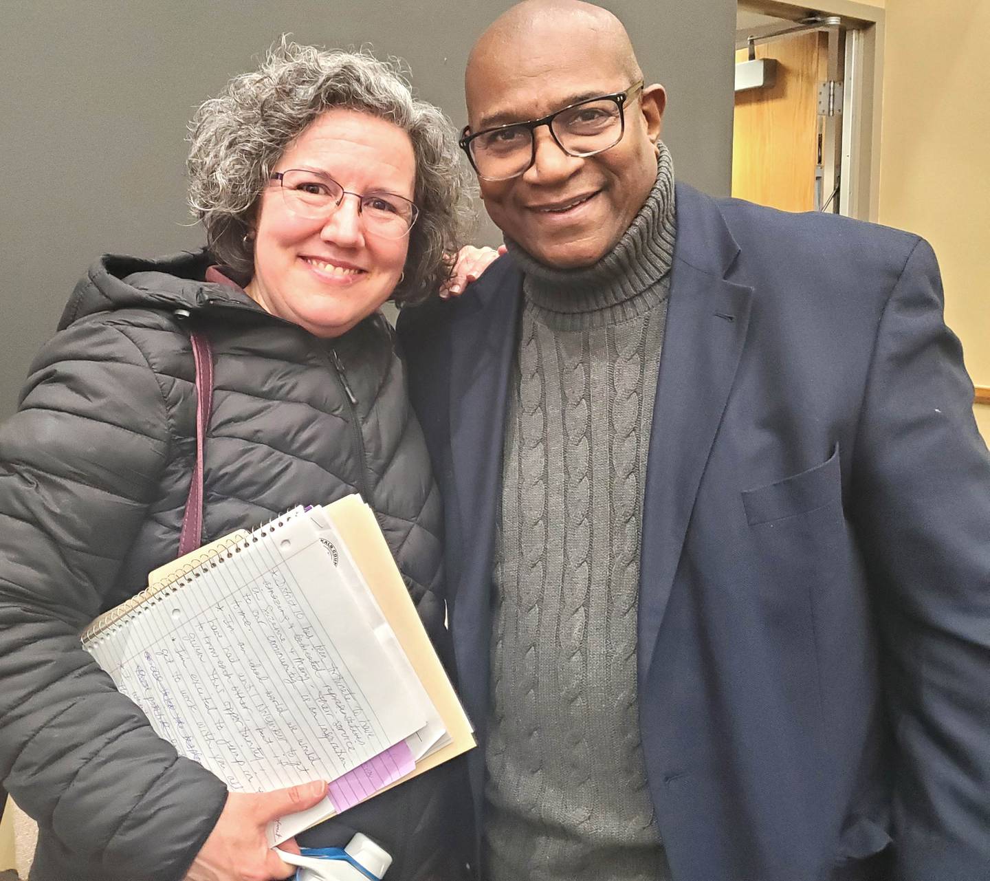 (From left) Democrat Laura Hoffman and newly elected DeKalb County Board Ellingsworth Webb, a Democrat who represents the northwest side of the city of DeKalb in District 9. Hoffman was appointed to fill the vacated seat of Suzanne Willis representing District 10, Webb was elected to the chair position in a special meeting Wednesday, Feb. 28, 2023 at the Legislative Center in Sycamore.