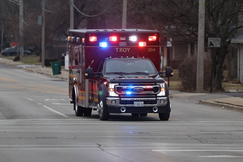 A Troy Fire Department Ambulance turns on Glenwood Avenue at St. Joseph Hospital in Joliet.