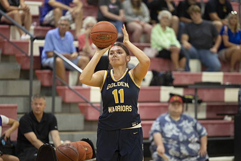 Sterling’s Kathryn Rowzee puts up a shot in the three point contest Thursday, June 15, 2023 during the Sauk Valley Media All-Star Basketball Classic at Sauk Valley College. -